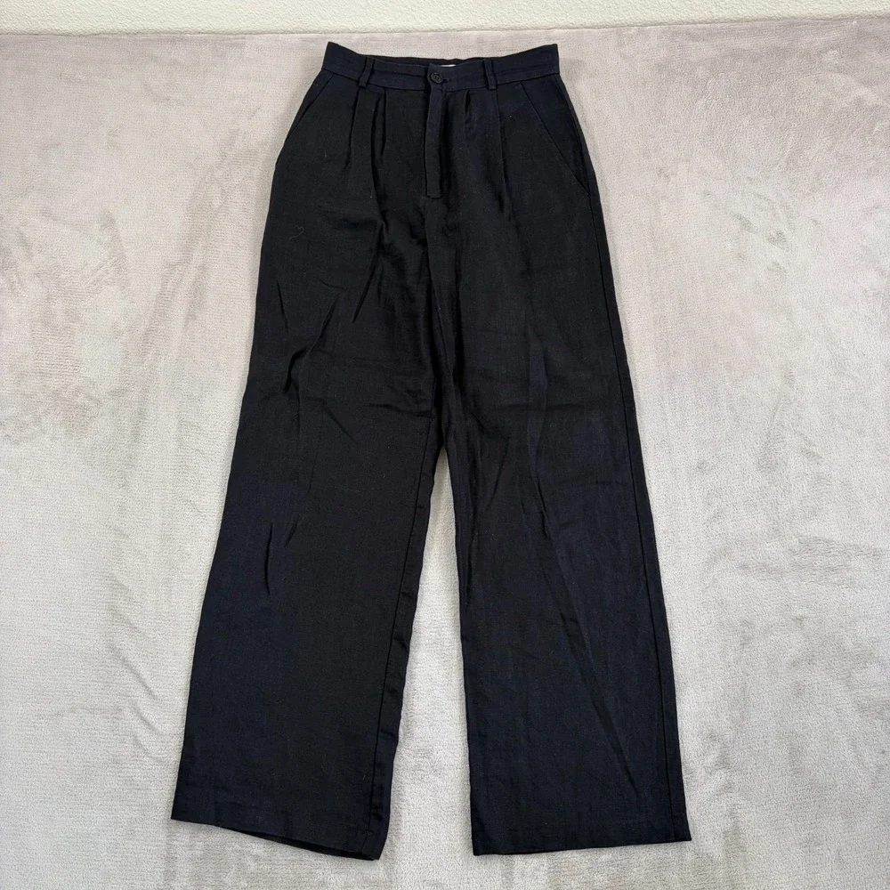 Reformation Mason Linen Pleated High Waist Wide Leg Trouser Pants‎ in Black 0
